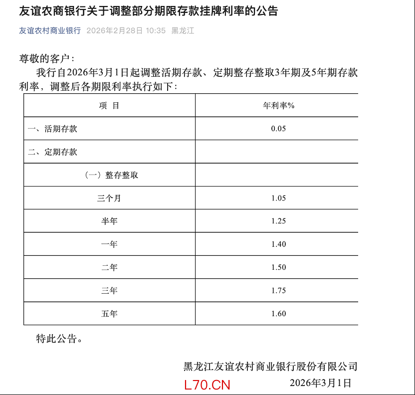 黑龙江友谊农商行2026年3月存款执行利率&nbsp; 图源：黑龙江友谊农商行官微
