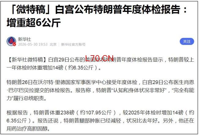 特朗普体检报告：比去年重超6公斤 医生建议减重