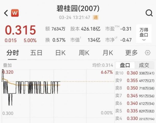 碧桂园宣布扭亏为盈，股价大涨5%